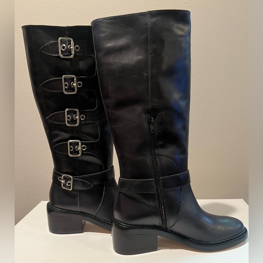 Raye / Revolve Annie Boot Black Leather
Silver Buckles.